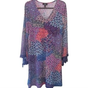 MSK Bohemian shift dress purple multi m-color pattern v-neck 3/4 Sleeve | EUC